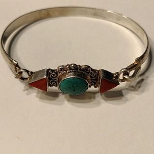 Beautiful Turquoise & Coral Sterling Silver Bracelet